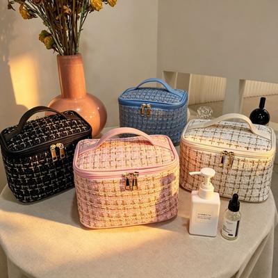 Chic Tweed Cosmetic Makeup Bag Large Capacity Handbag Travel Toiletry Organizer Portable Pouch For Women