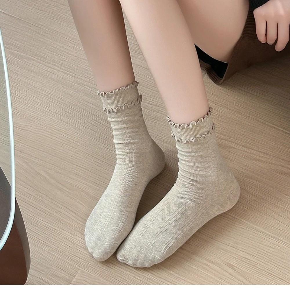 1 Pair Solid Color Ruffle Socks Vertical Stripes Korean Style Socks Comfy Frilly Socks  Daily Wear