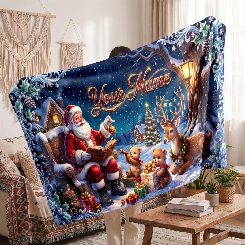 Couverture en Flanelle Personnalisée avec Nom Imprimé de Noël Confort Chaud Jeté de Lit Décoration de Maison Cadeau de Fête