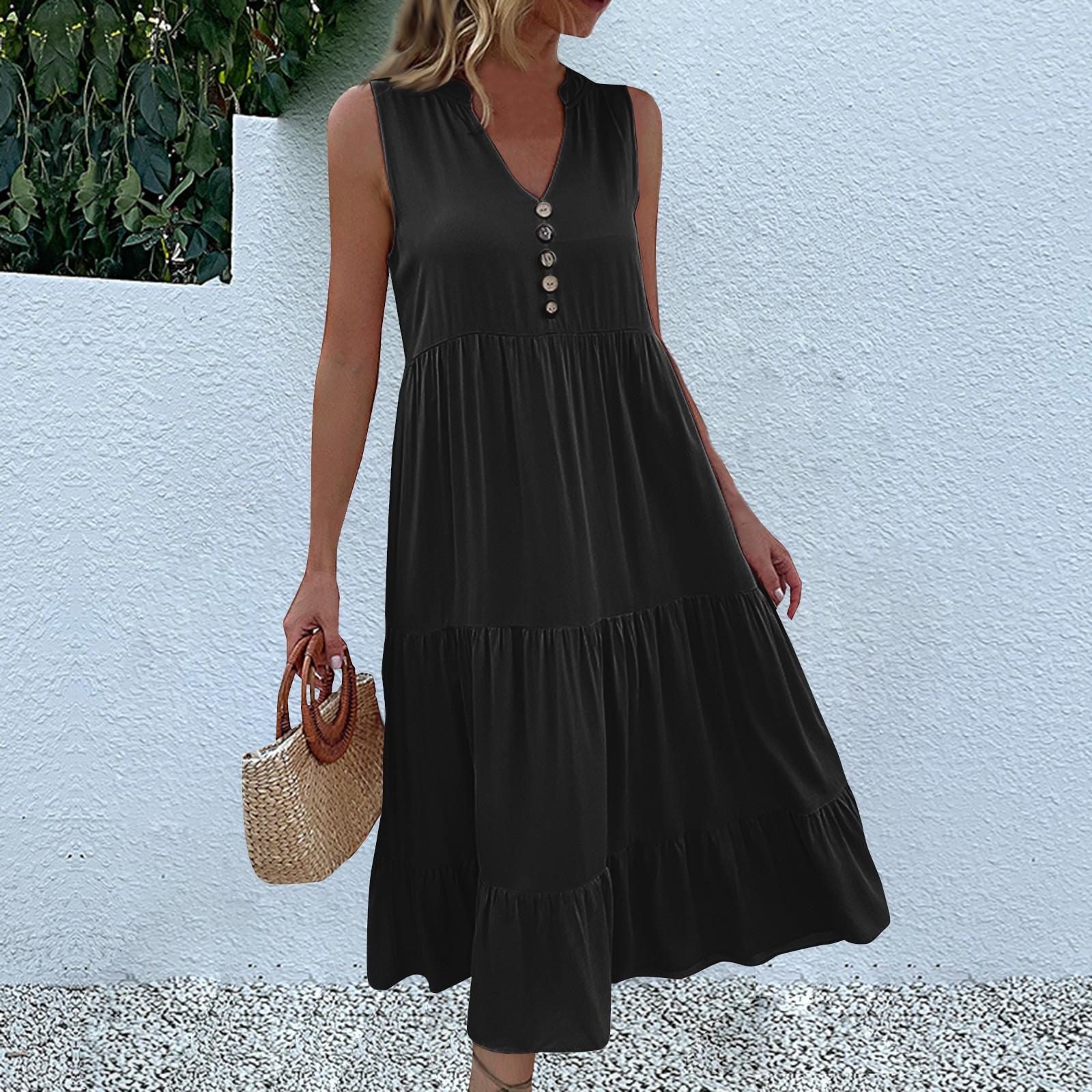 

Женское летнее модное свободное платье-майка, повседневные платья без рукавов однотонной расцветки S чёрный