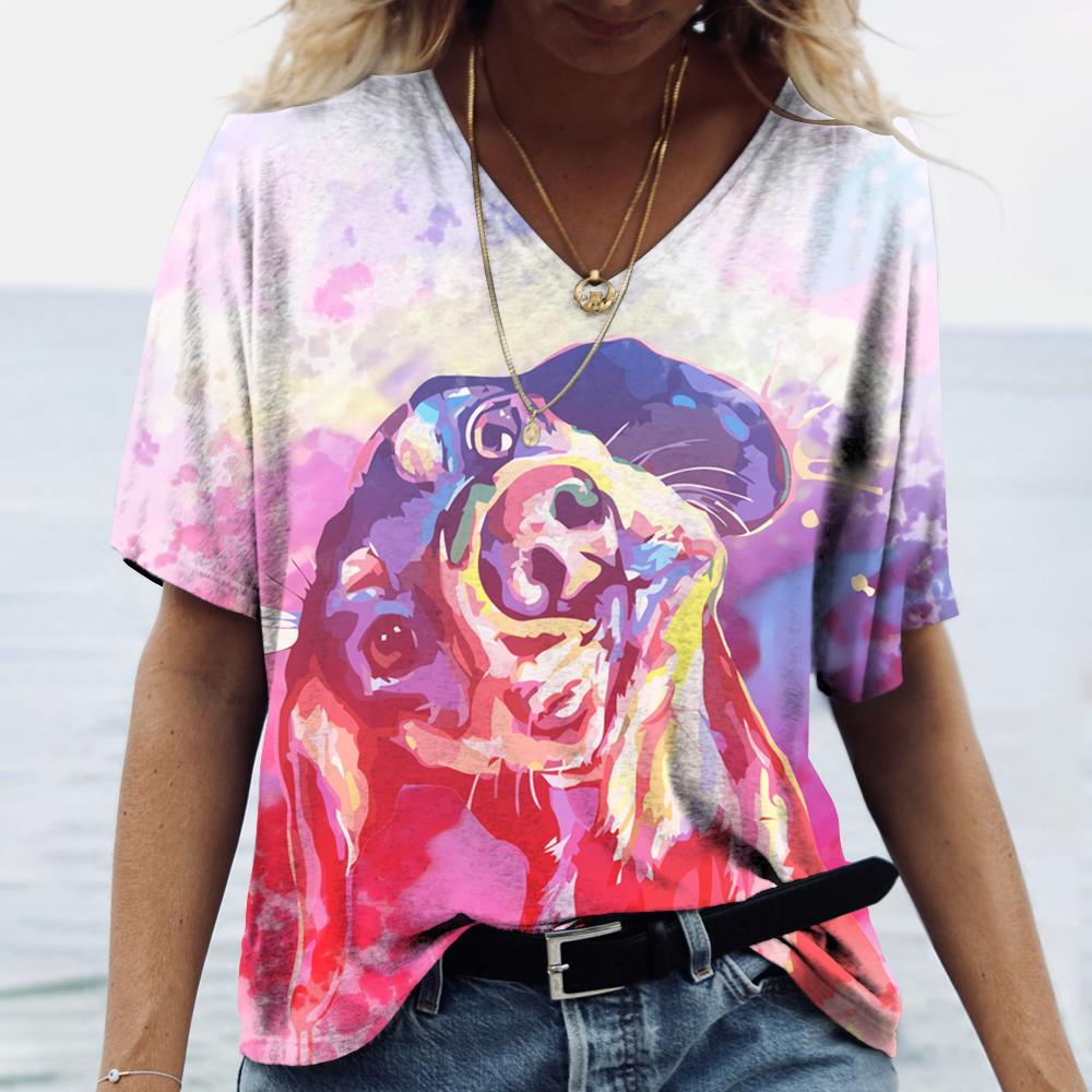 Summer New Women‘s T-shirt Animal Harajuku 3d Print Fashion V-neck Short Sleeve Quality Oversized T-shirt Females Tops Tees