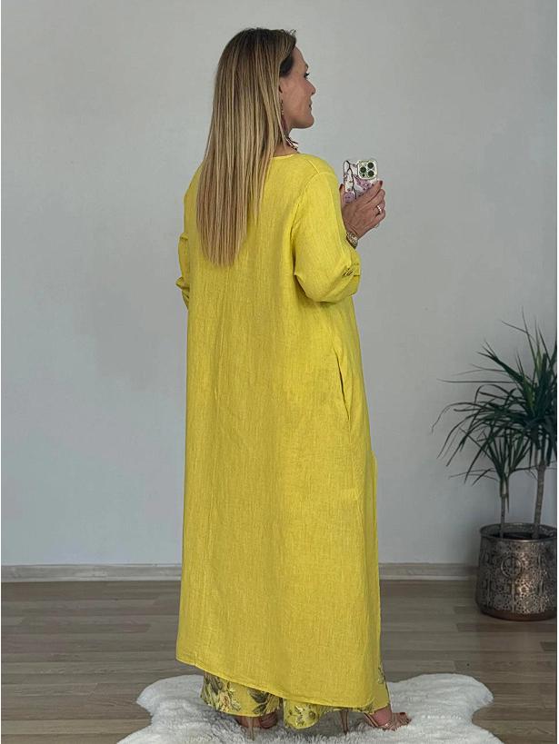 2025 Women's Casual Cotton Linen Irregular Top & Wide-Leg Pants Set with Pockets