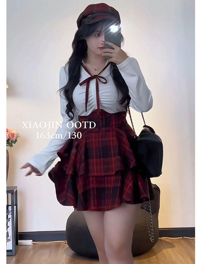 Plus Size Women's JK Style Uniform Set - Waist-Hugging Puffy Skirt & Slimming Shirt Top Duo