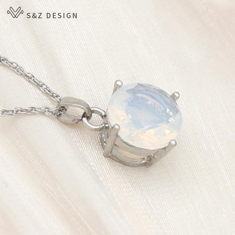 Fashion Elegant Round White Opal Pendant Necklace For Women Wedding Rose Gold Color Classic Jewelry