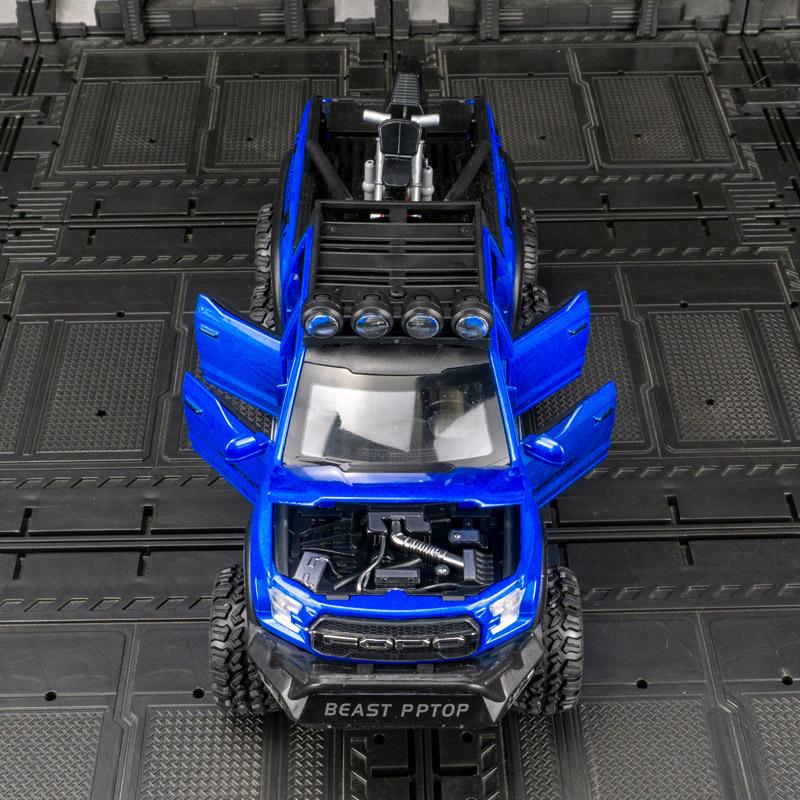 Simülasyon F150 Motosikletli Alaşım Araba Modeli Altı Tekerlekli Arazi Aracı Sesli ve Işıklı Geri Çekmeli Oyuncak