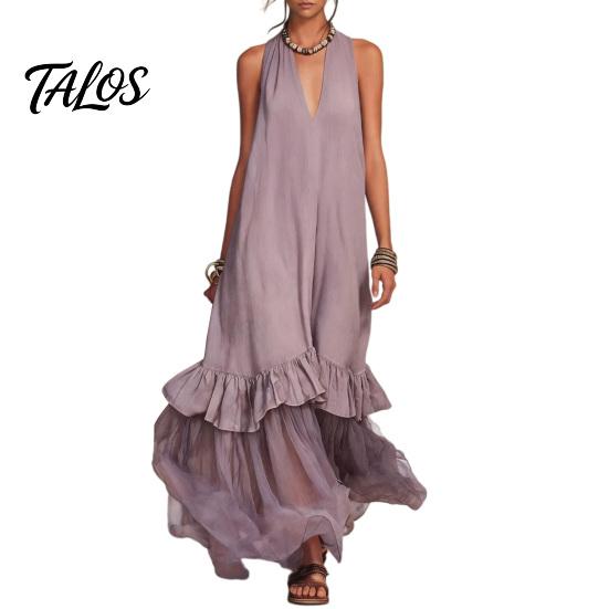 Summer Sleeveless Maxi Dress for Women, Deep V Neck Mesh Patchwork Long Dress, A-line Ruffle Flowy Beach Sundress