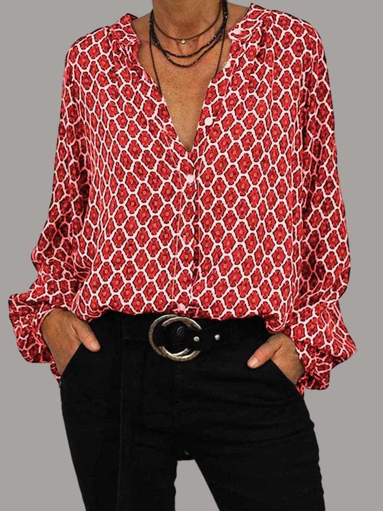 New Women's Spring Season V-Neck Long Sleeve Printed Fashion Elegant T-Shirt Blouse