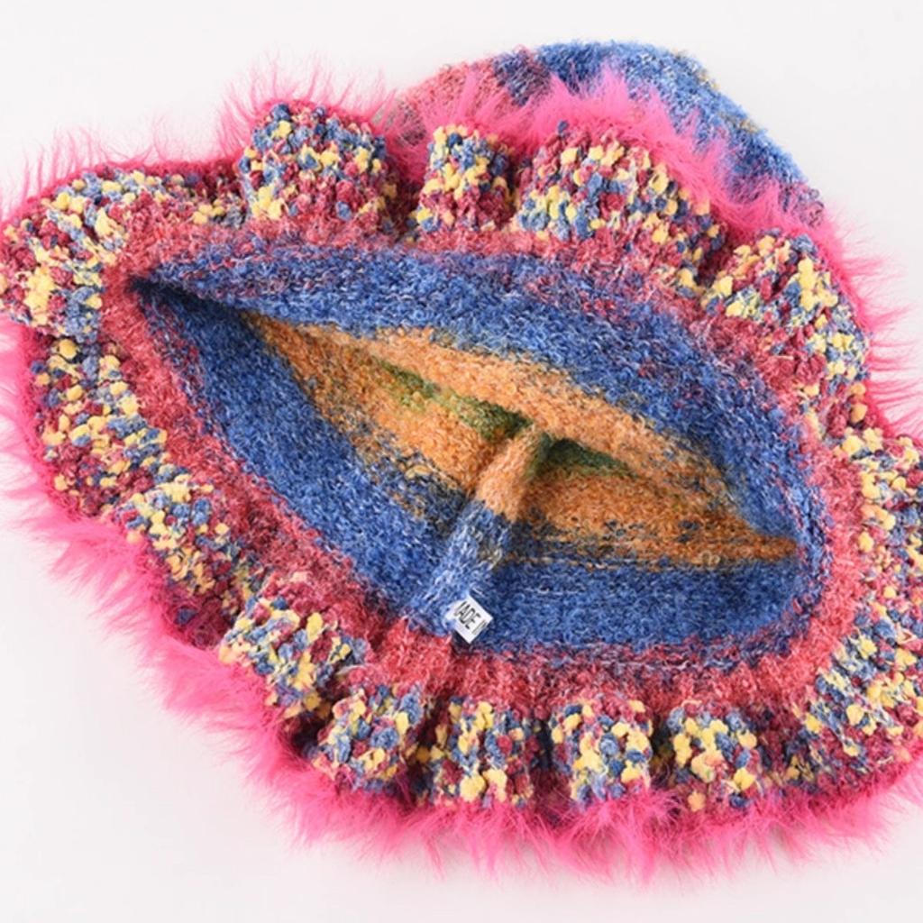 New Style Fashion Retro Colorful Striped Oil Painting Style Ruffled Fisherman Hat for Women In Autumn and Winter Warm Knitted Pot Hat Trend