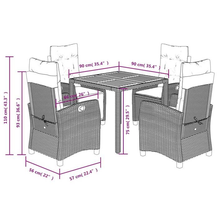 VidaXL Ensemble à Manger de Jardin avec Coussins 5 pcs, Table et Chaises avec Dossier Réglable, Meubles d'Extérieur, 3212655