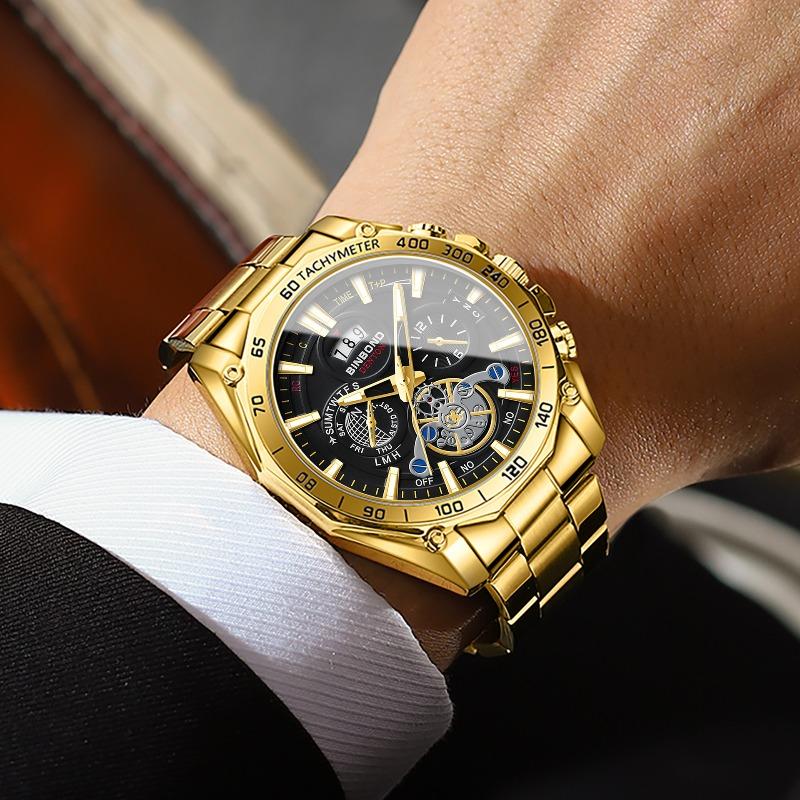 BINBOND luminous trend student watch men's tourbillon gift steel belt three eyes six needles decorative watch