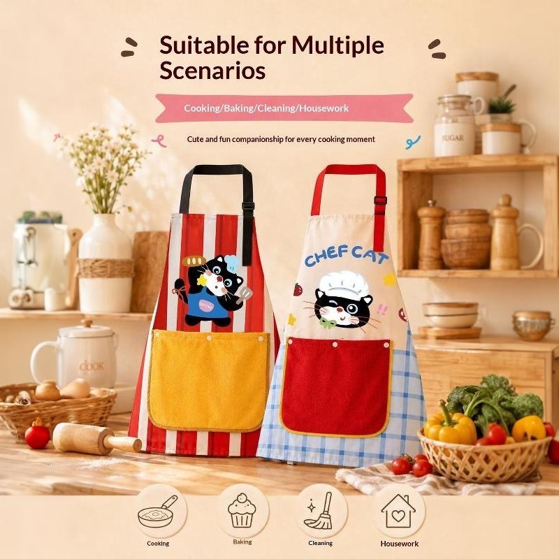 Cute Chef Cat Kitchen Apron Non-Toxic Fabric Adjustable Strap Big Pocket for Parent-Child Cooking Baking