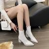 Boots Women's Autumn and Winter New Velvet Patent Leather Side Zipper Thick Heel Martin Boots Pointed High Heel Short Boots Thin Elastic Boots