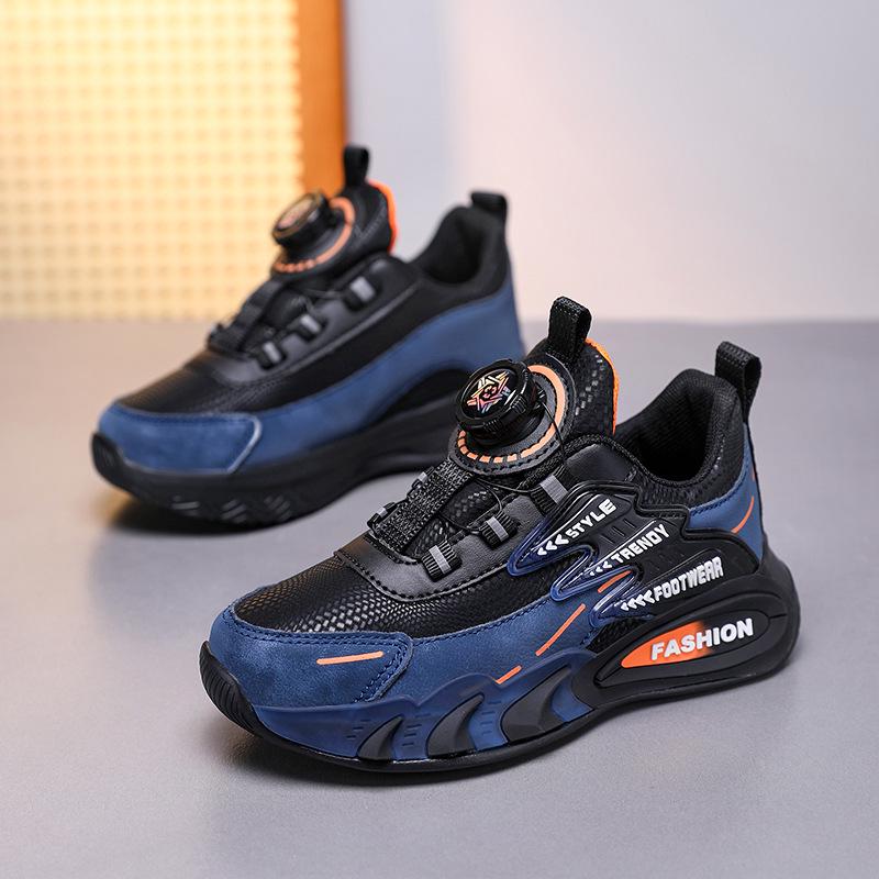 Children's Lightweight Mesh Leather Sports Sneakers with Rotary Buckle, Ideal for Spring and Autumn.