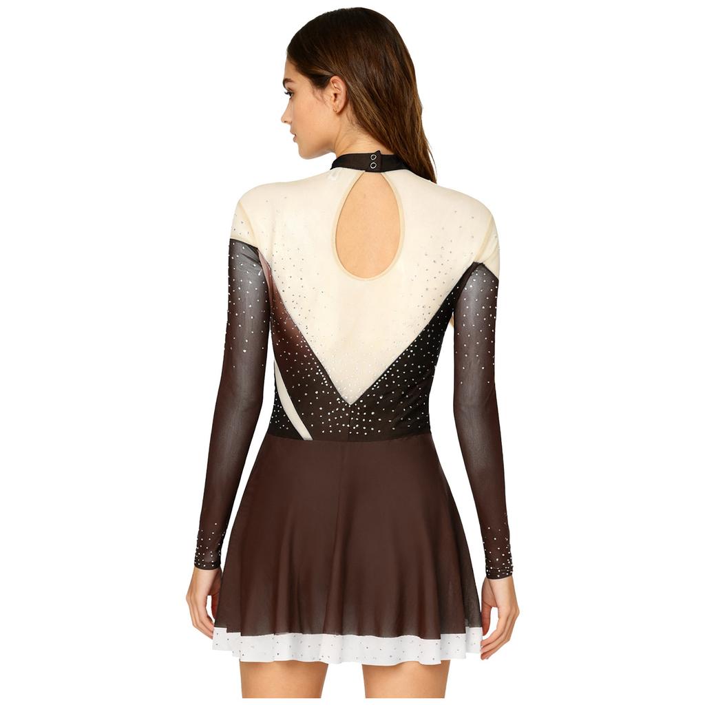 Dame Kunstløpskjole Skinnende Rhinestones Gradient Farge Mock Neck Mesh Langermet Dansetøy