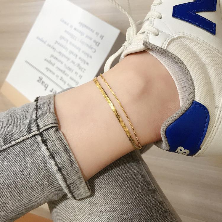Korean 18K Gold Double-Layer Snake Chain Titanium Anklet - Women's Mori Girl Style