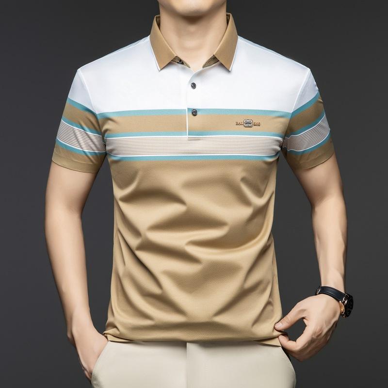 Herren T-Shirt Kurzarm Dünn Gestreift Revers Atmungsaktiv Farbpassend Hochelastisches Poloshirt