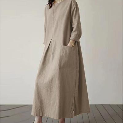 2024 Casual Cotton Linen Long Sleeve Women's Dress with Round Neck and Elegant Hem Slit