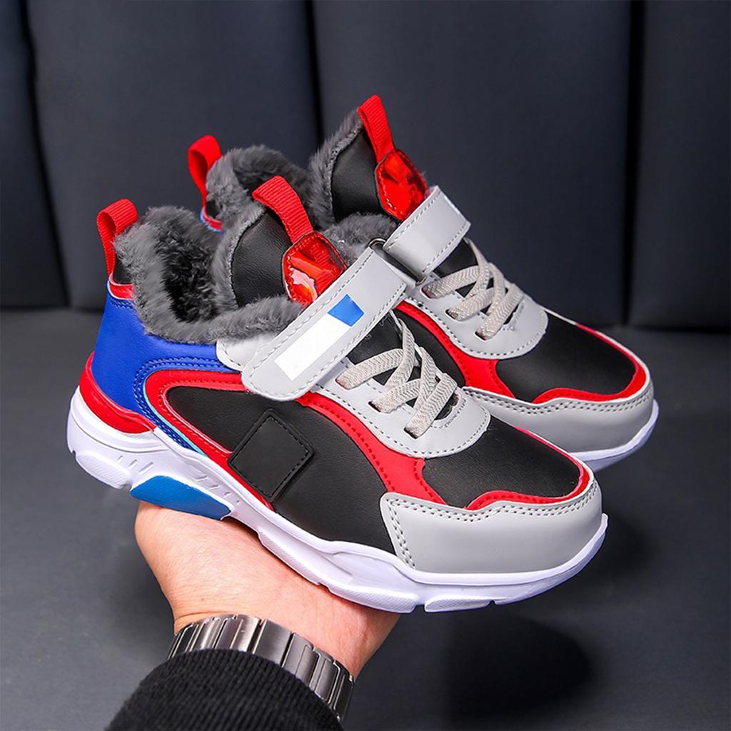 Children's Faux Leather Running Shoes with Plush Lining Durable Sole Lightweight Design Adjustable Strap for Active Kids Outdoor Use