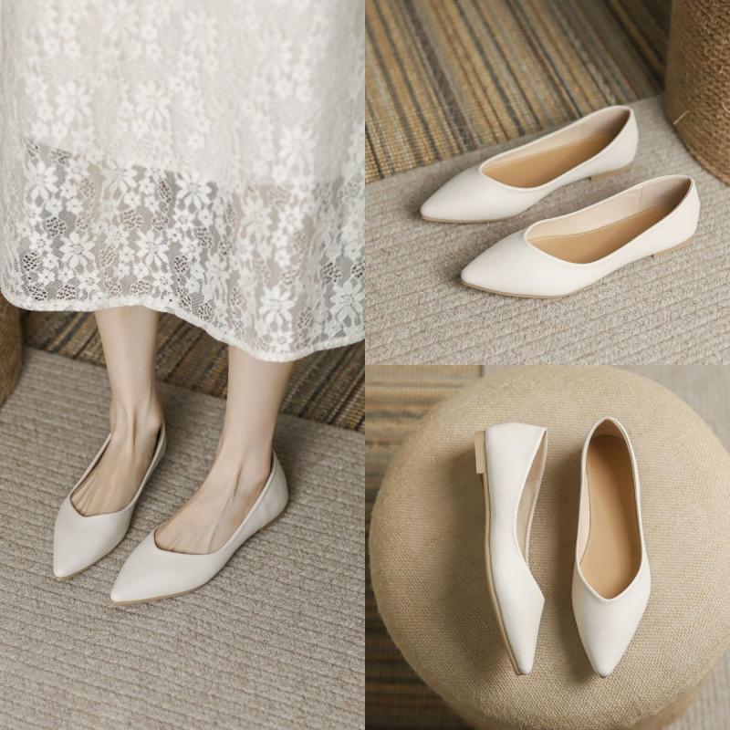 2025 new leather flats pointed women's shoes soft leather soft sole single shoes not tired feet professional black work shoes