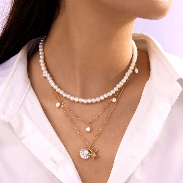 

Boho Multilayer Imitation Pearl Necklace for Women Gold Plated Starfish Shell Pendant Choker Female Beach Party Vacation Jewelry