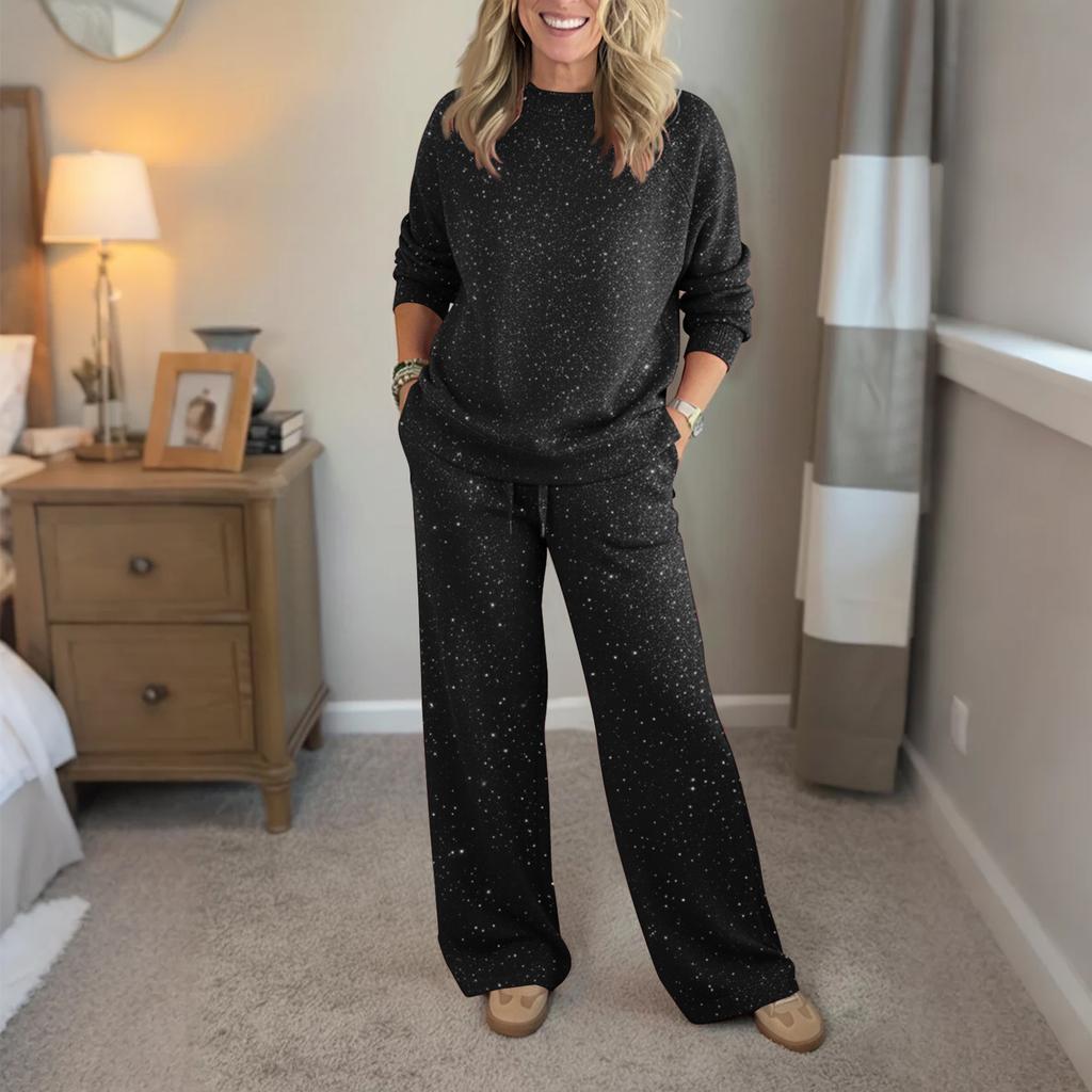 Women's Solid Color Casual Holiday Glitter Sweatshirt Two-Piece Set
