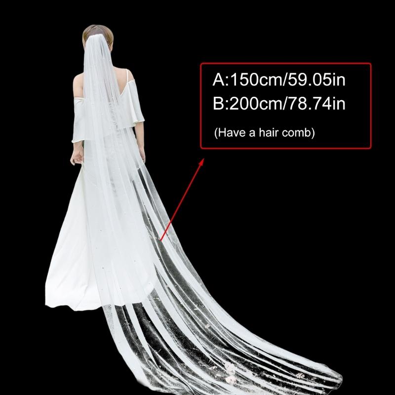Kathedralenlänge Hochzeitschleier mit künstlichen Perlen Verzierungen Weicher Tüll Brautschleier mit Haarkamm Für Braut 150/200cm