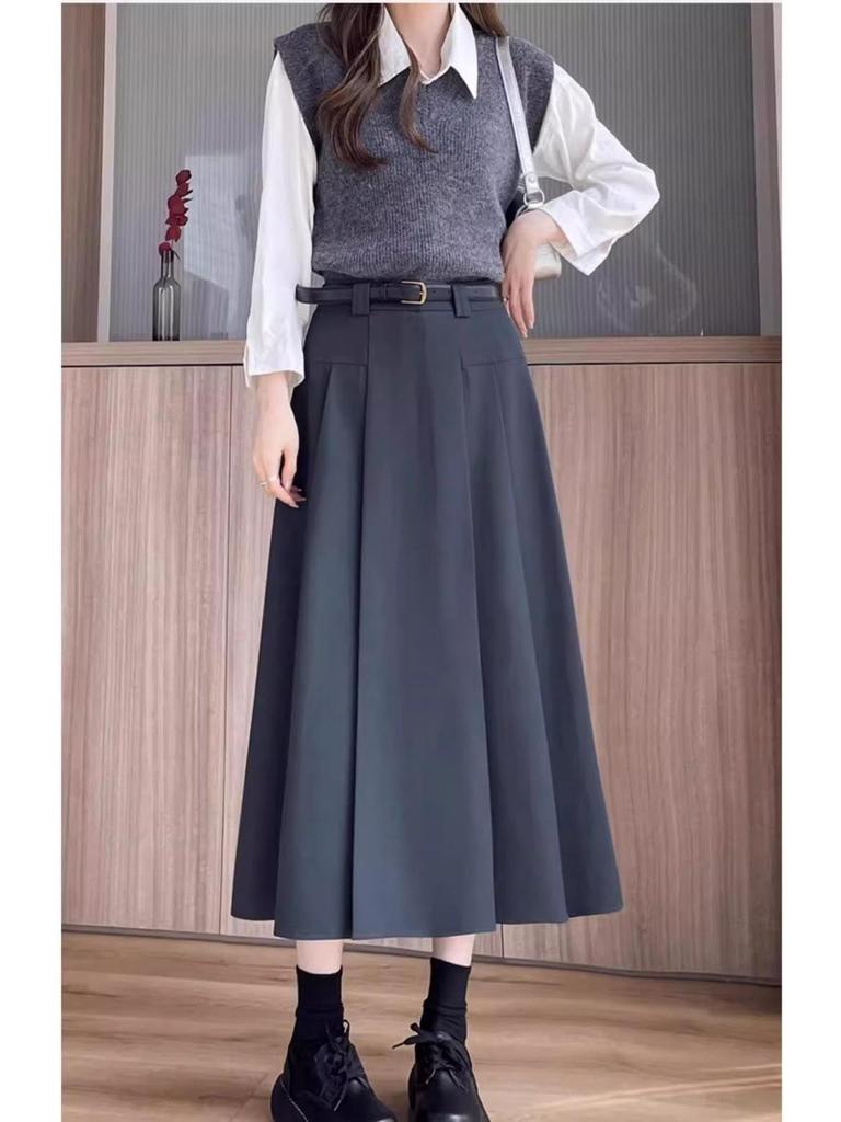 Pleated Midi A-line Skirt with Invisible Zipper & Belt