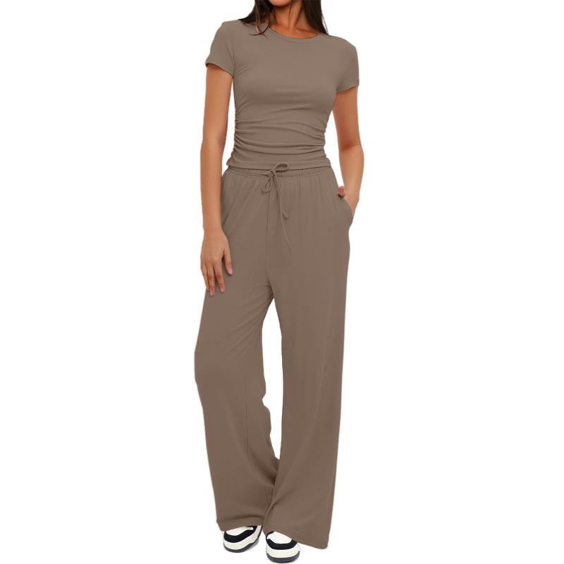 Solid Color Casual Long Sleeve Set Top High Waisted Wide Leg Pants Sportswear