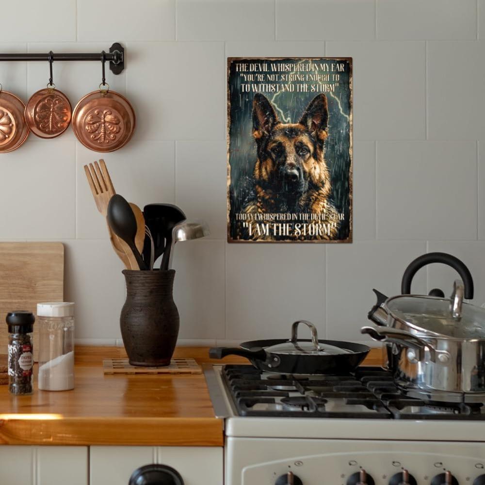 GLOBLELAND German Shepherd Tin Sign - "Ich Bin Der Sturm" Black Dog Vintage Metal Wall Decor