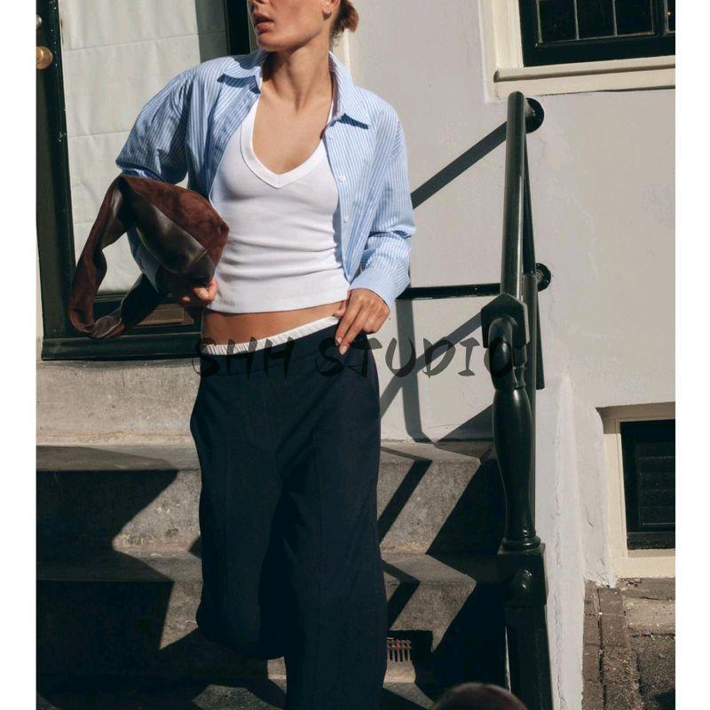 Autumn New Women's Clothing French Lapel Long Sleeves Waist Ruched Striped Short Style Oxford Shirt 8417446