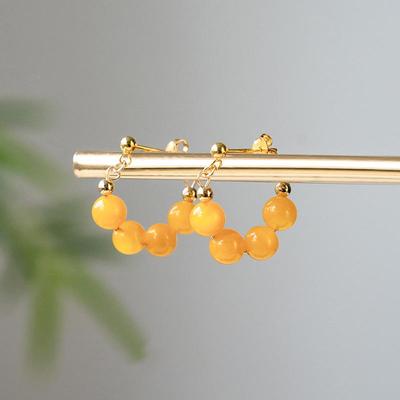 Orecchini a cerchio in argento sterling con ambra gialla in stile cinese e cera d'api naturale