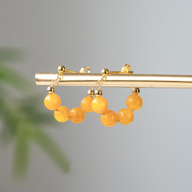 Natural Beeswax Chinese-Style Sterling Silver Yellow Amber Hoop Earrings