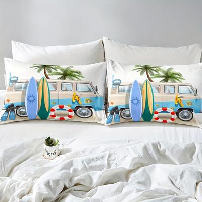 Juego de Funda Nórdica de Camping de 2/3 piezas Bus Tabla de Surf Palmera Ropa de Cama Para Dormitorio Juego de Ropa de Cama Con 1 Funda Nórdica y 1/2 Fundas de Almohada