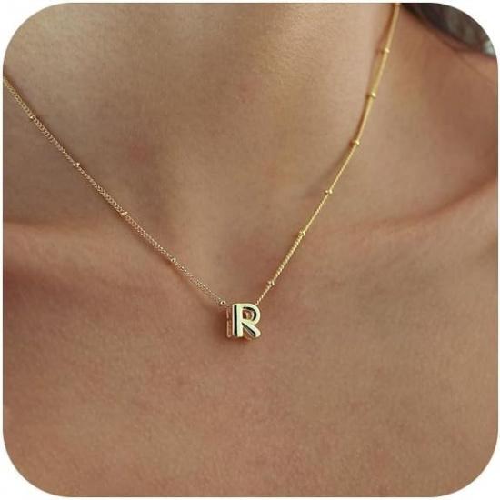 Bubble Letter Necklace Gold, Dainty Initial Necklaces for Women 14K Gold Plated Small A to Z Name Necklace Personalized Simple Initial Pendant Cute
