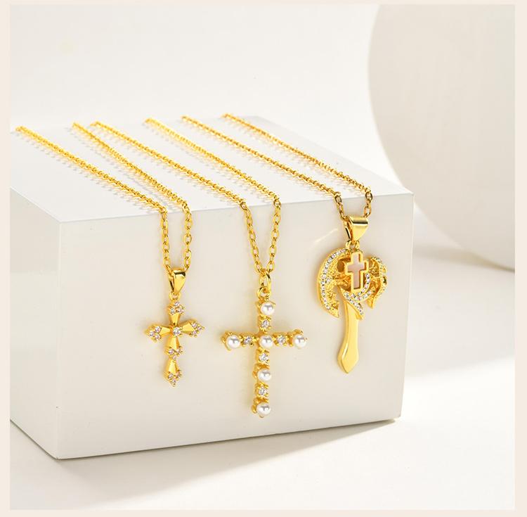 Elegant French Vintage Cross Necklace with Zircon for Women, Gold Plated Baroque Crucifix Thin Link Chain Religious Gift