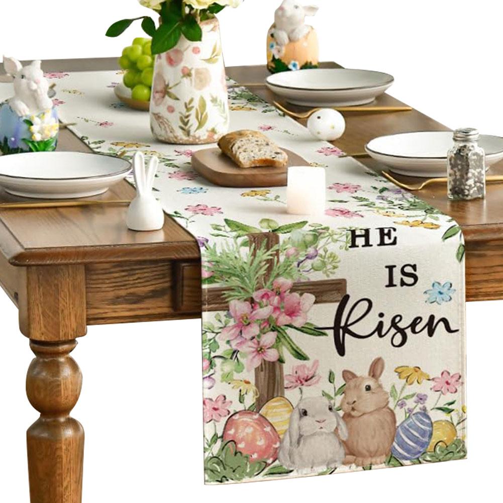 Easter Bunny Linen Table Runner Easter Rabbit Table Runner Bunny Dining Table Cloth Placemat for Kitchen Dining Table Decor