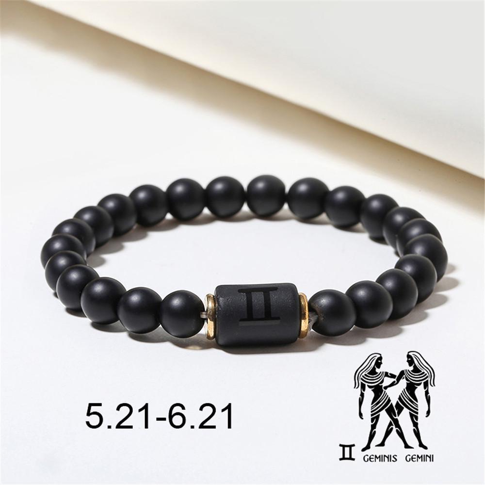 Black Matte Agate Beaded Bracelet with Zodiac Signs - Elastic Buddhist Couple Design