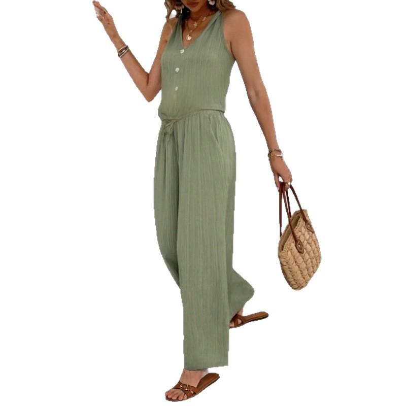 European and American summer texture neck V-neck jumpsuit, waist lace-up wide-leg pants, holiday style leisure