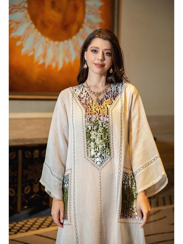 Dubai Sequin Embellished Jalabiya - Eid Muslim Women's Long Robe