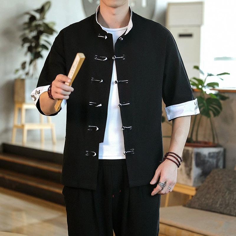 Summer Men's Short Sleeved T-shirt with Chinese Style, Youth Embroidery, Retro Color Blocking, Plate Buckle, Stand Up Collar, Tang Suit