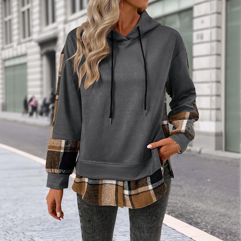 New Autumn and Winter Casual Retro Style Top, Long-sleeved Checked and Fleece Faux Two-piece Hooded Sweatshirt for Women