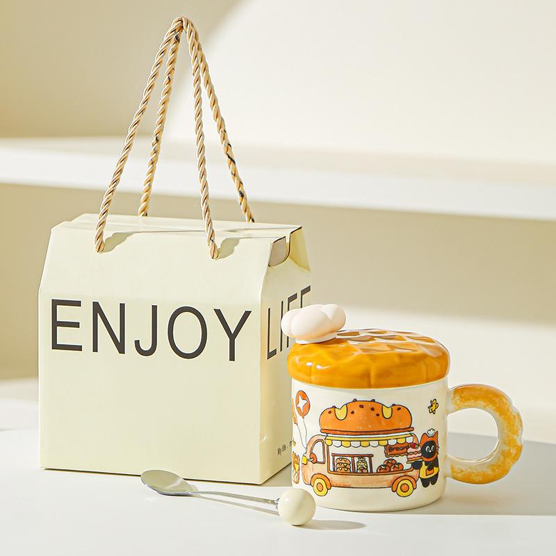 Korean Creative Bread Mug Cartoon Cat Ceramic Cup with Lid Household Water Cup Birthday Gift Souvenir