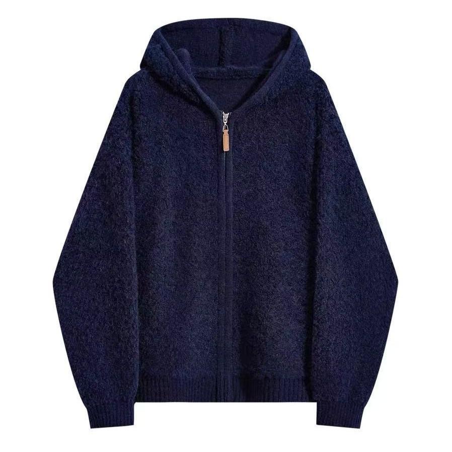 Korean Style Thick Faux Raccoon Lambswool Zipper Hooded Jacket - Women's Versatile Autumn/Winter Sweater Cardigan