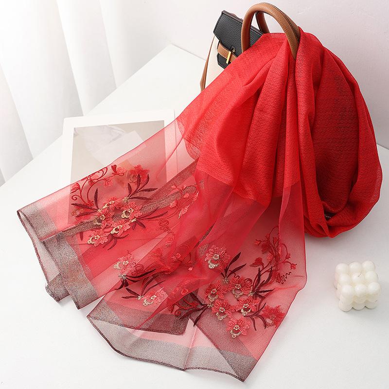 Four Season silk wool scarf women hijab pashmina shawls wrap Bandana Blanket Floral Pashmina Embroidery Scarves Foulard