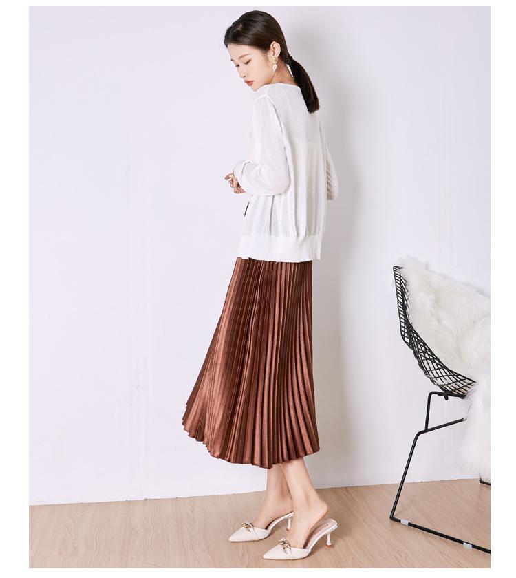 Solid Color High Waist Satin Pleated Midi Skirt - Women's New Spring/Summer/Autumn 2023 Collection