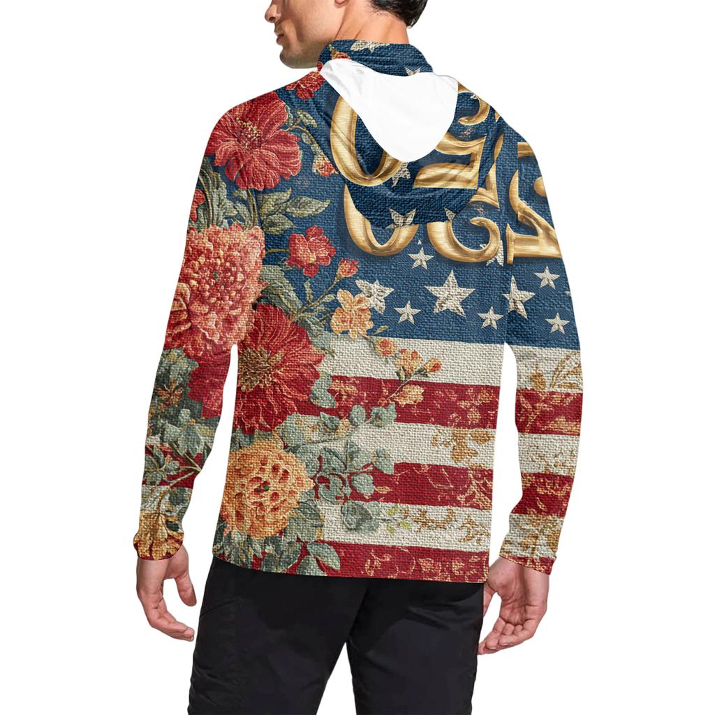 Men's Casual Long Sleeve Hoodie Lightweight Breathable Sun Protection Pullover with Tie-Dye Floral Print and Adjustable Hood for Outdoor Activities