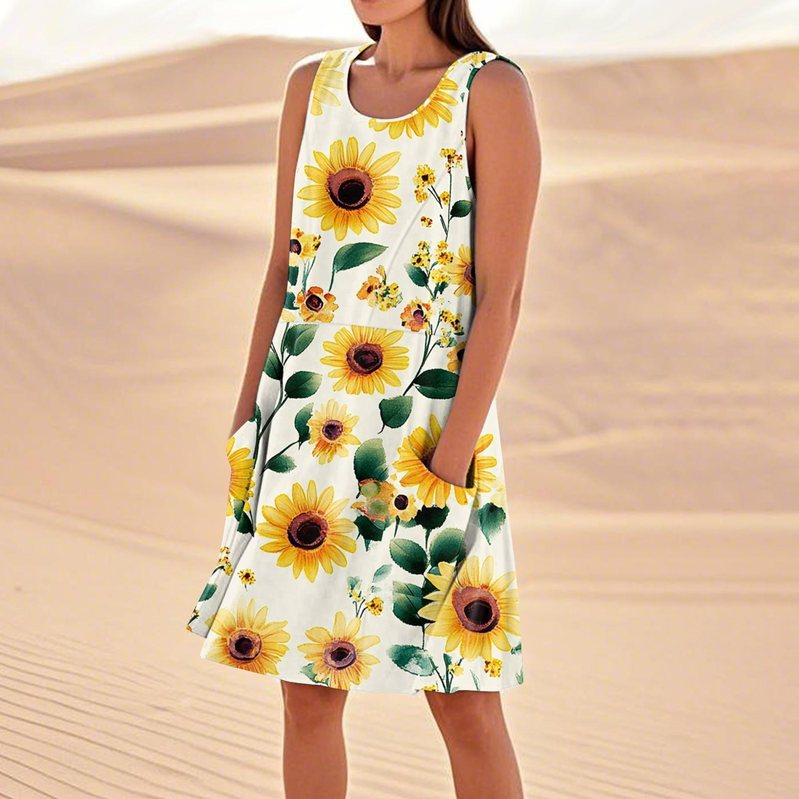 

Платья с принтом для женщин, свободные, пляжные, повседневные, без рукавов, сарафаны с карманами, платье-майка XL жёлтый