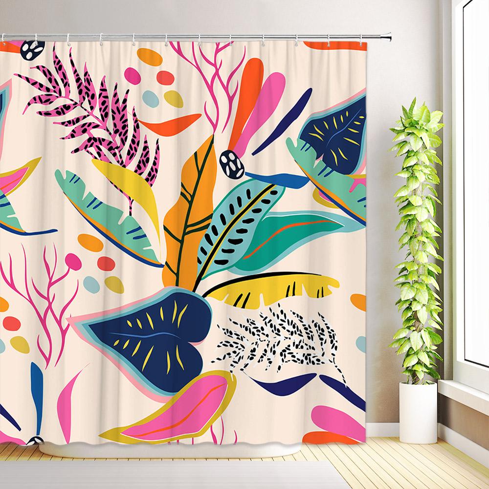 Boho Colorful Floral Shower Curtain Minimalist Abstract Art Modern Aesthetic Jungle Plant Tropical Leaf Bathroom Decor with Hook