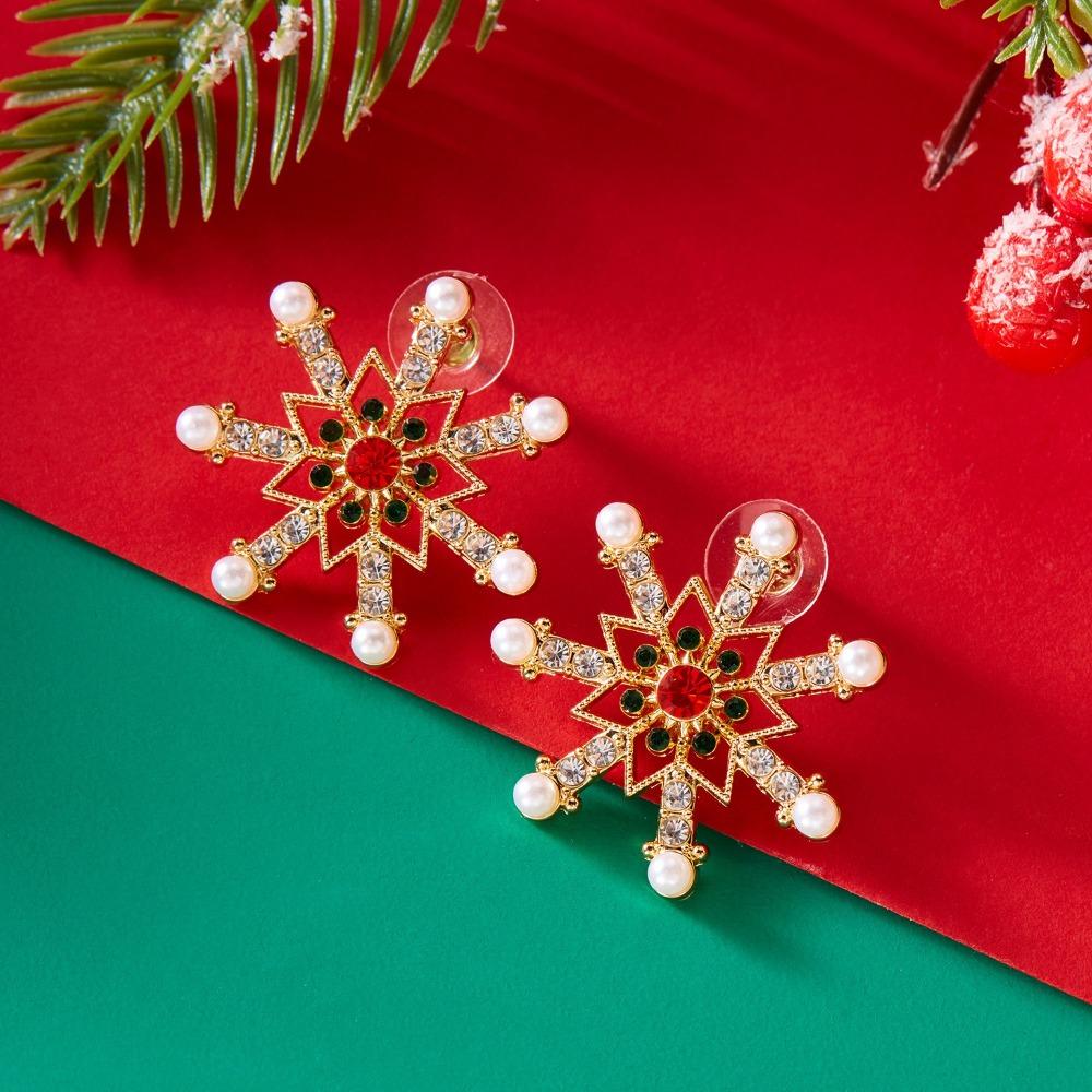 Multicolor Christmas Stud Earrings Pearl Xmas Dangle Earrings Snowflake Earrings  New Year Ear Gift