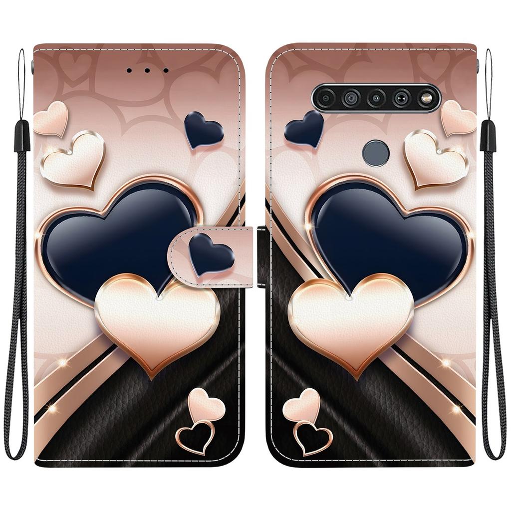 Handmade PU Leather Flip Case for LG K61 Anti-Slip Shockproof Cover with Wrist Strap & Heart/Rose Cat Designs